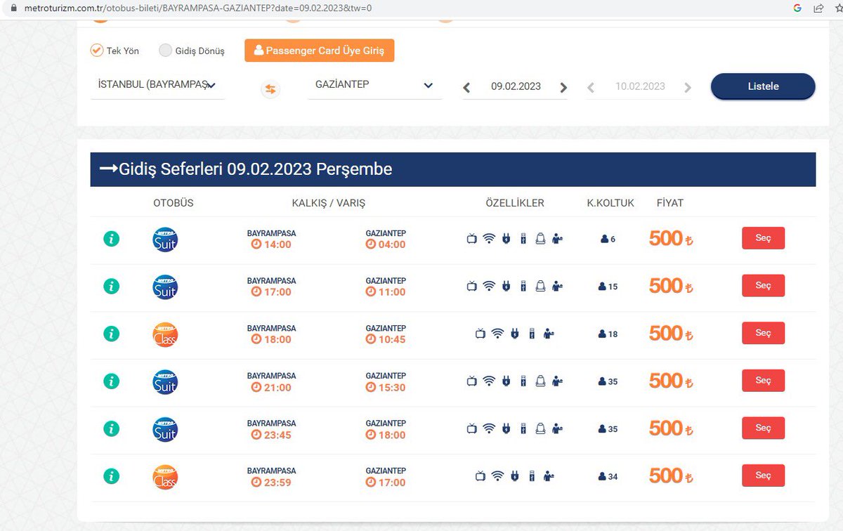 Ailesi depremzede olan bir arkadaşım için Metro Turizmden İstanbul’dan Hatay’a bilet baktım 500 TL!!!Bu mu sizin yardım anlayışınız! Reklam yapmaya gelince 10 TL bilet deprem bölgelerine diye (Gaziantep ve Maraş için demişler ama oraya da 500 TL) <a href="/MetroTurizm/">Metro Turizm</a> <a href="/OguzhanUgur/">Oğuzhan Uğur</a> <a href="/ahbap/">Ahbap</a>