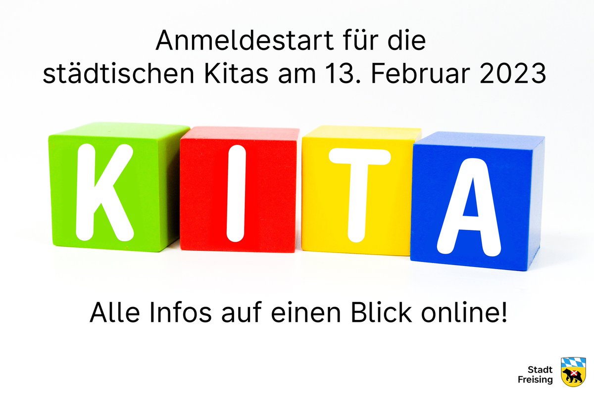 Die Anmeldung für die Kindergärten in der Stadt #Freising für das Betreuungsjahr 2023/2024 beginnt am kommenden Montag, 13. Februar 2023, und ist bis Dienstag, 14. März 2023, möglich. 

ℹ️Alle Infos online: freising.de/rathaus/aktuel…