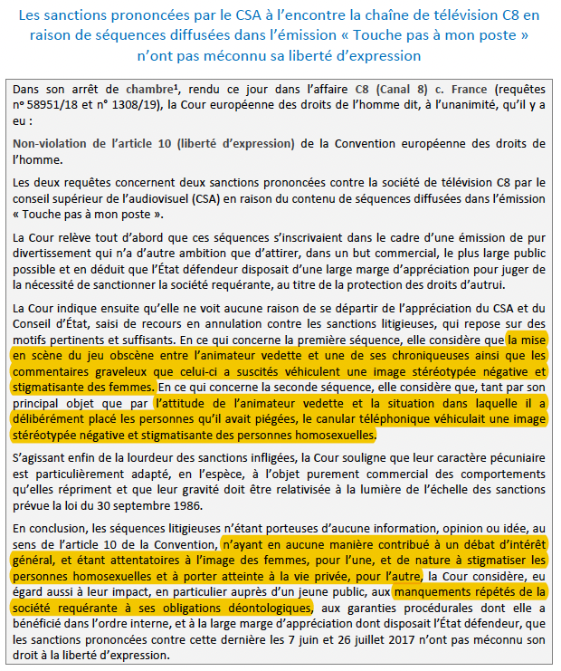 (In)dignité à la télévision : La #France n'est pas condamnée par la #CEDH pour avoir sanctionné <a href="/C8TV/">C8</a>.

Car les comportements répétés de <a href="/Cyrilhanouna/">Cyril Hanouna</a> (dans @TPMP) ont « banalisé la dégradation de l’image des femmes &amp; des personnes homosexuelles ».

=> bit.ly/40F58gC