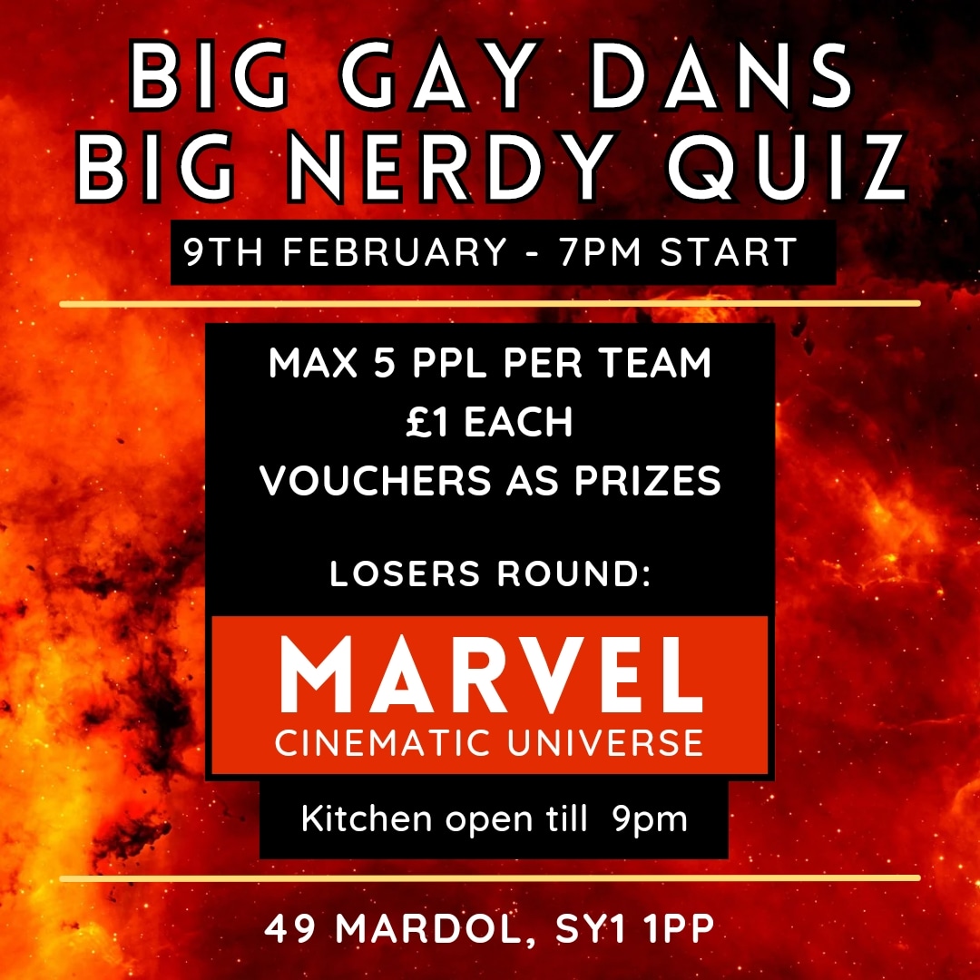 It's your time to shine Marvel Cinema fans!

Thursday 9th Feb, 7pm start

A general knowledge quiz with a Nerdy twist.

£1 per person, max teams of 5
Age 18+
Vouchers as prizes

#shrewsbury #Shropshire #gaming #quiz #Marvel #supportlocal