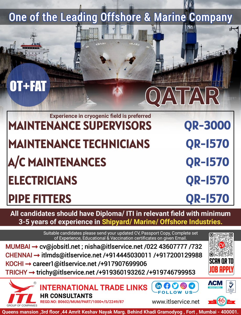 JOB VACANCY FOR #qatar
CLICK ON LINK TO APPLY JOB > bit.ly/3GxjQNp

Learn more :
itlservice.net

 #qatarjobseekers  #qatarjobs #supervisorjobs #technicianjobs #acmaintenance #electricianjobs #pipefitters #offshore #marine #shipyard #drydock #shippingservice