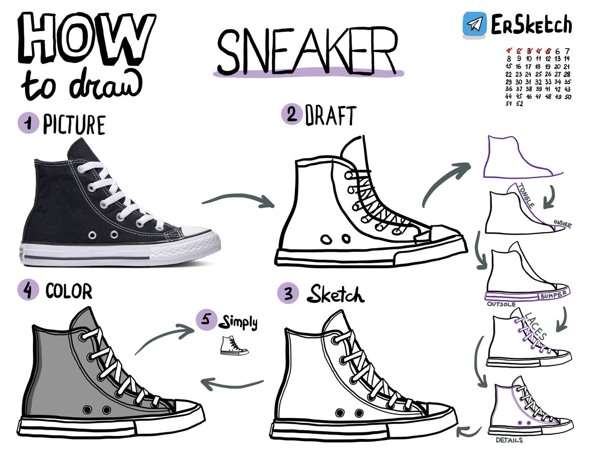 #HowToDraw The most difficult thing in the shoe, as it turned out, is the laces. If it is possible to erase, then you can draw the upper part with solid line, and then erase a place for shoelaces. Otherwise, you need to leave holes in the places where the laces cross the line.