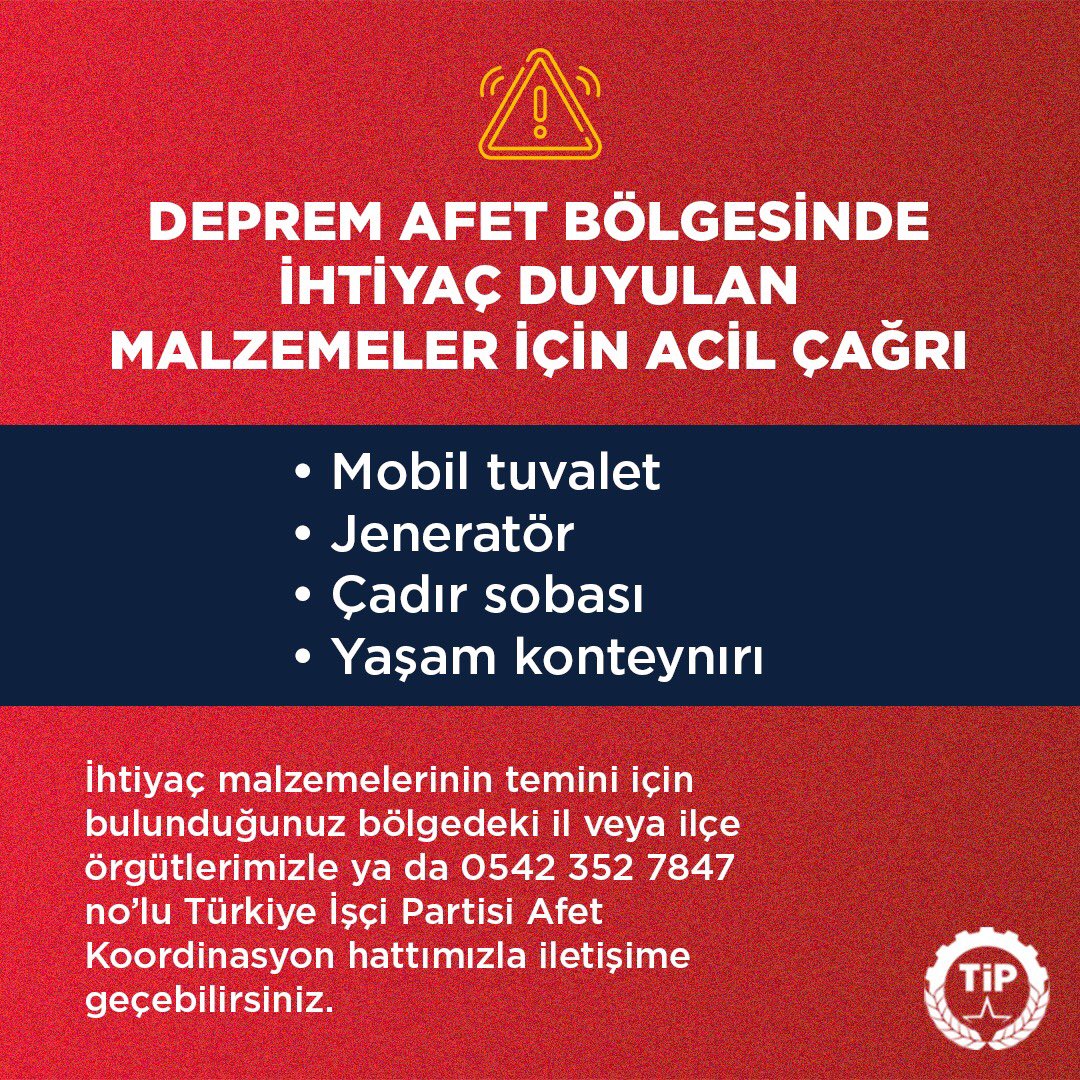 ACİL ÇAĞRI #Deprem afet bölgesinde ihtiyaç duyulan malzemeleri dayanışmayla temin etmek için il ve ilçe örgütlerimize ya da +90 542 352 7847 No’lu Afet Koordinasyon Merkezimize ulaşabilirsiniz.