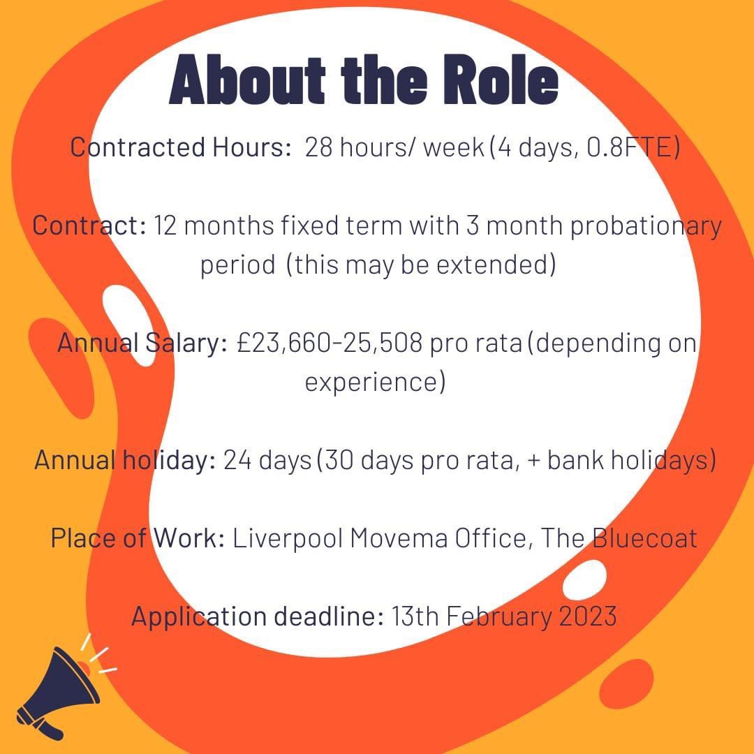 Movema's tweet photo. We're HIRING! 

Deadline: 13th February 2023
Salary: £23,660-25,508 pro rata
Contract: 28 hours/ week, 12 month fixed-term

#movema #jobsliverpool #arts #administrator #bookkeeper #hiring #liverpooljobs #artsadmin #artsjobs https://t.co/qX7Xa6nQ9S