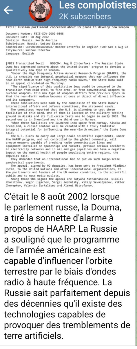 manuela_simeone's tweet image. #HAARP
l'armée américaine est capable d'influencer l'#orbite #Terrestre par le biais d'ondes #Radio à #Haute #Fréquence