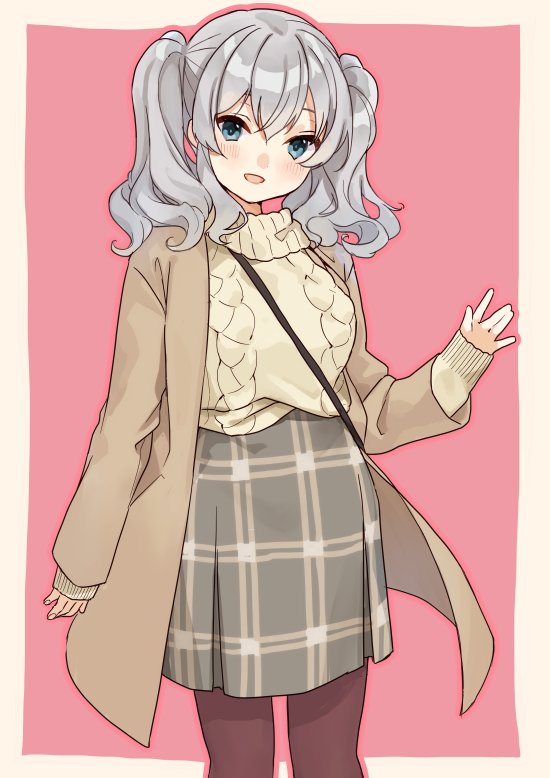 kashima (kancolle) 1girl solo twintails skirt grey hair pantyhose sweater  illustration images