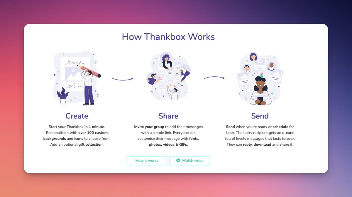 Valentin Hinov (@valcanbuild) on Twitter photo Got an illustrator to do up some custom assets for Thankbox and I absolutely love them. Feels good to move away from the boring stock images of before.
Thanks for the amazing work, <a href="/amiluu_scribble/">Amy Gallagher</a> ❤️ Got an illustrator to do up some custom assets for Thankbox and I absolutely love them. Feels good to move away from the boring stock images of before.
Thanks for the amazing work, <a href="/amiluu_scribble/">Amy Gallagher</a> ❤️