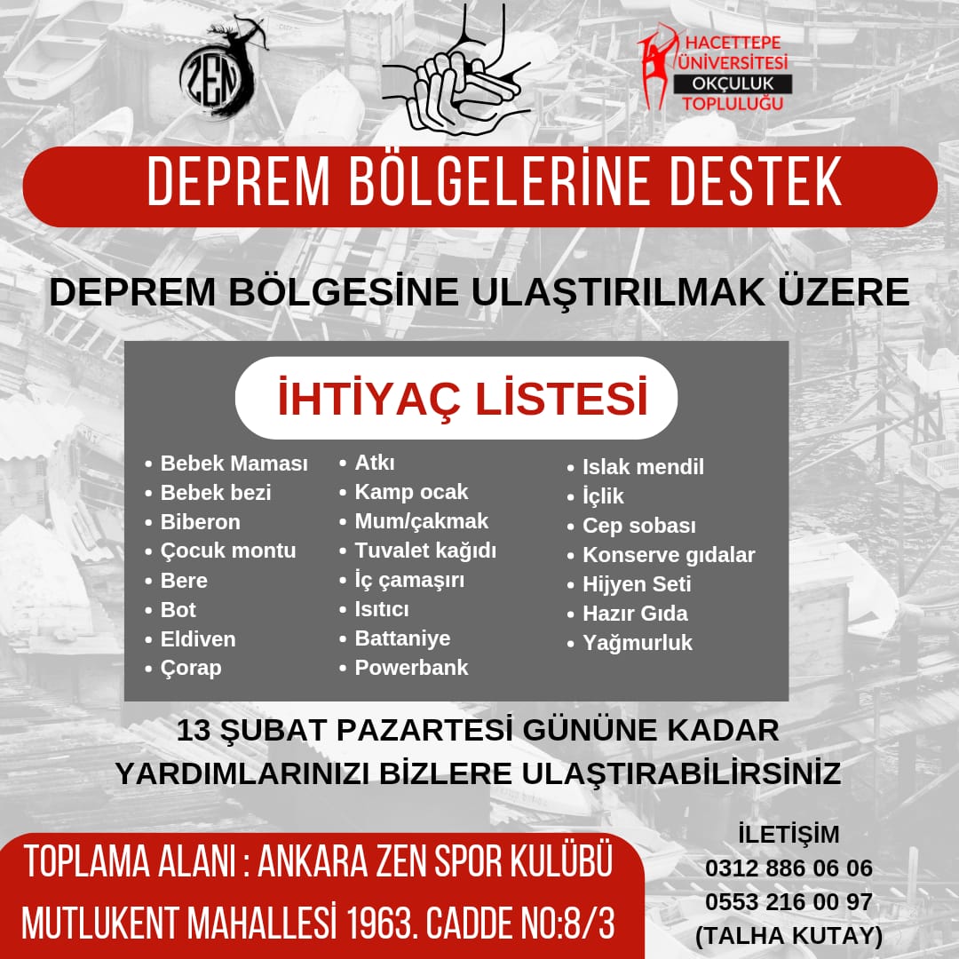 h_okculuk's tweet photo. Hacettepe Üniversitesi Okçuluk Topluluğu olarak Ankara Zen Spor Kulübü ile birlikte deprem bölgelerine destek vermek için bir kampanya başlatıyoruz. Daha çok insanın görmesi için paylaşın lütfen. https://t.co/TgA7I6Js4r