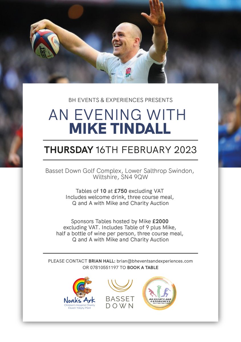 BHevents2678's tweet photo. Last table for Dinner with @miketindall13 at Basset Down Golf Complex near Swindon next Thursday. Should be a great night talking all things rugby. https://t.co/KYt0PC4UAW