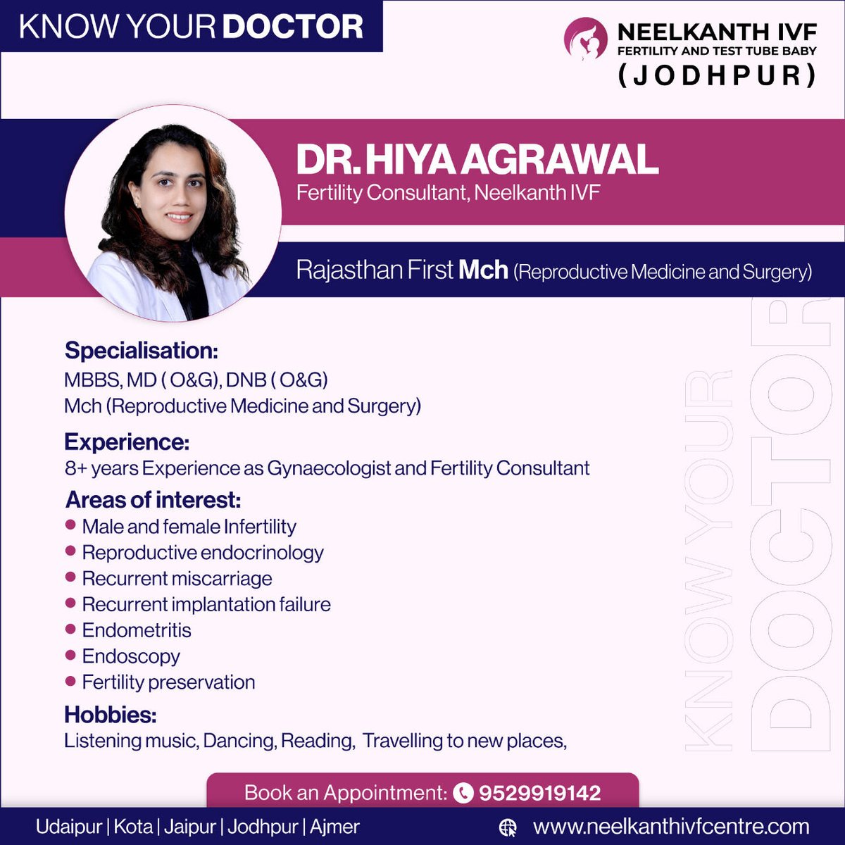 Meet Dr. Hiya Agrawal from Neelkanth IVF, Jodhpur.
.
.
#Knowyourdoctor #fertilityjourney #fertilityexpert #fertilitydoctor #pregnancyjourney #femalefertility #maleinfertility #fertilityspecialist #ferilitytreatment #ivfsupport #ivfsuccess #parenthood #infertility