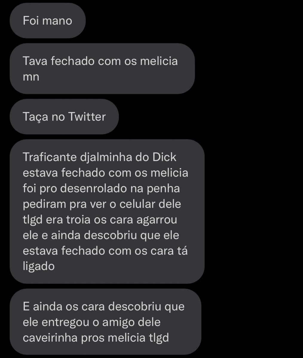diretodomiolo's tweet photo. 🚨URGENTE: Traficante Djalminha, frente do Dick do Vilar em São João de Meriti teria sido levado para o tribunal do tráfico na Penha. Foi sentenciado após os traficantes desbloquearem seu celular e ver conversas dele desenrolando com milicianos. (Fonte: @diariodotrafico) https://t.co/uAuA0OmsOC