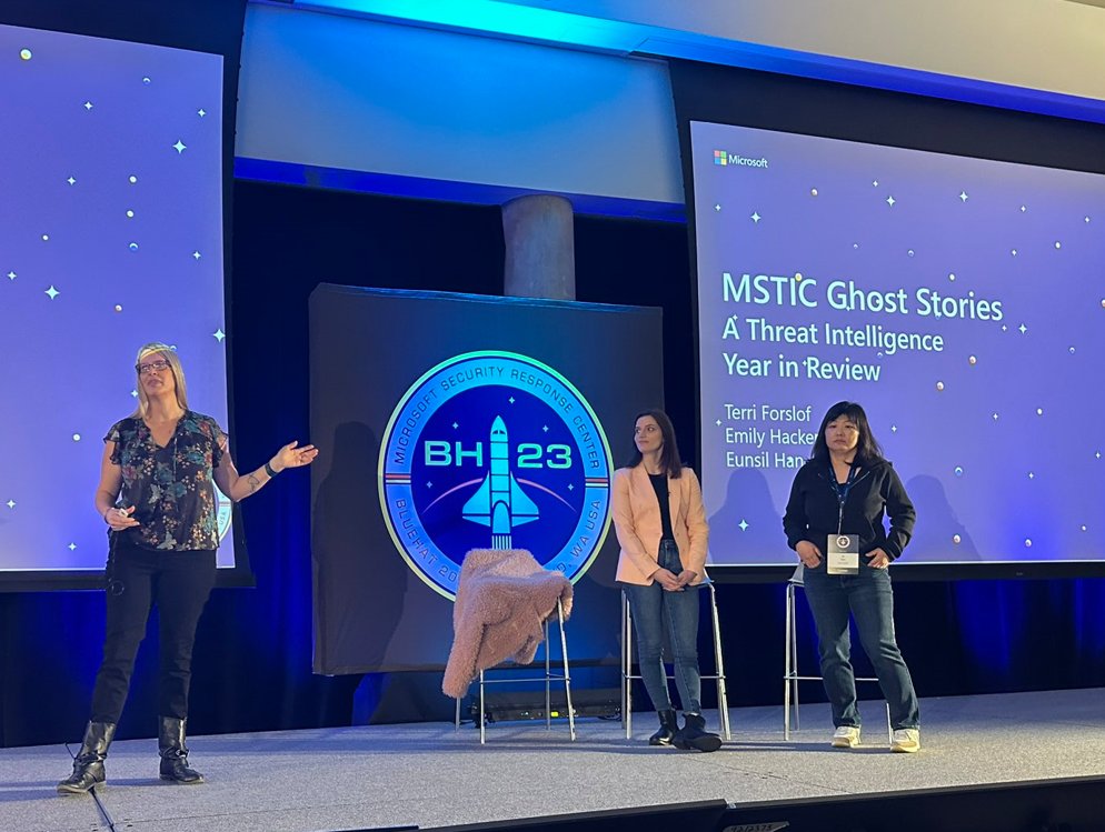 PrakashAjeet's tweet image. #MSTIC Ghost Stories: A Year in #ThreatIntelligence - Stellar talk today delivered by @kyotorocks, @dreadphones and @TerriJForslof at #Bluehat today. Nicely done.