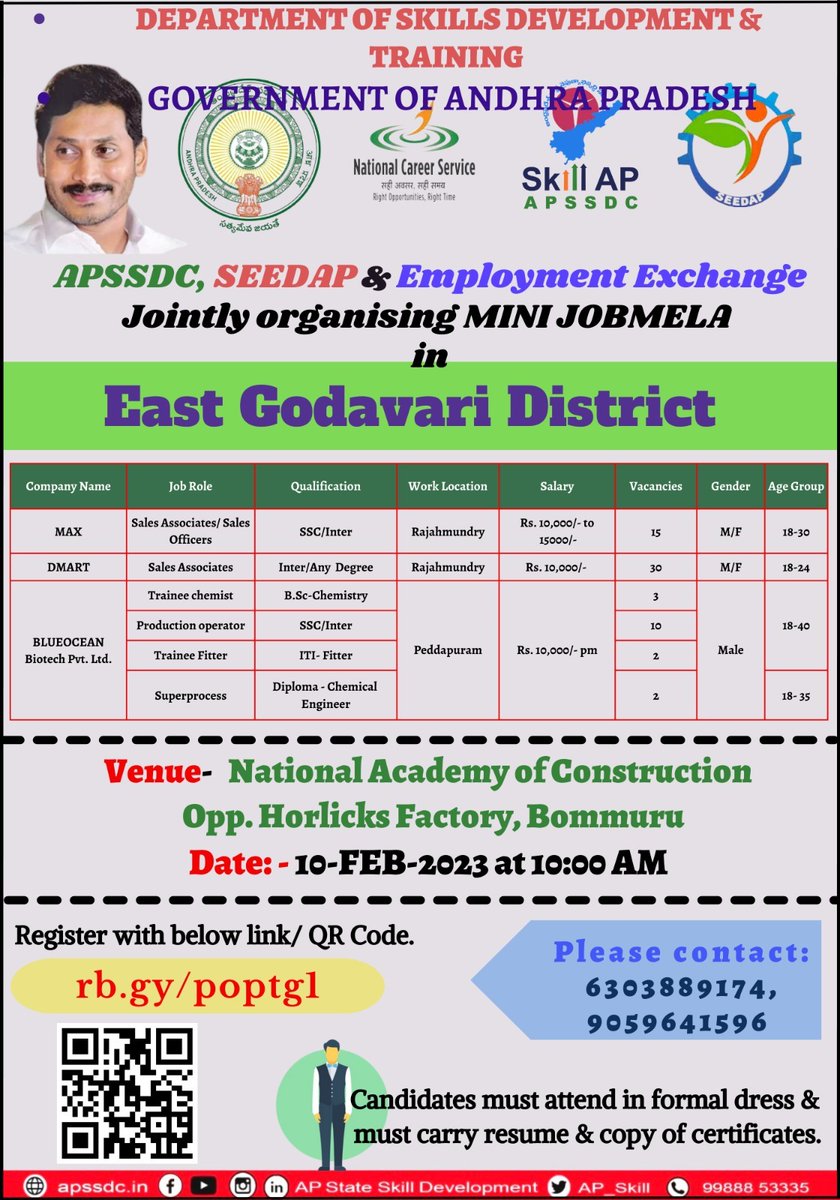 AP_Skill's tweet photo. @AP_Skill - @SEEDAP_AP &amp; #EmploymentExchange has Jointly Conducting Mini Job Mela at National Academy of Construction, Opp. Horlicks Factory #Bommuru @egodavarigoap

Registration Link:
https://t.co/xRbHotJs1F

Contact:
6303889174
9059641596
APSSDC Helpline - 9988853335 https://t.co/eAofEu1PfM