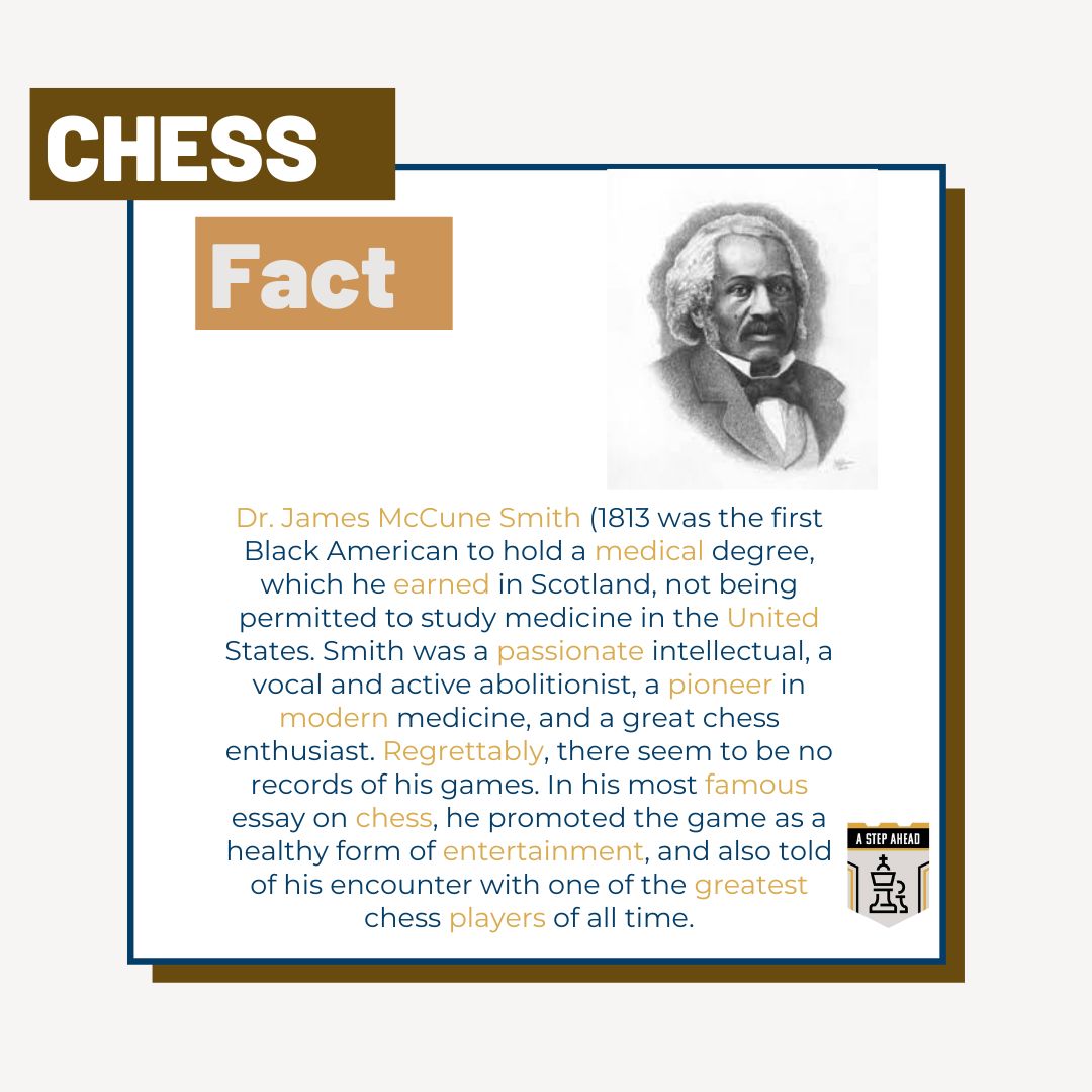 AStepAheadChess's tweet image. Today&apos;s chess fact is about Dr. James McCune Smith. James McCune Smith was an American physician,  abolitionist and first African American to hold a medical degree from the University of Glasgow in Scotland. He is also known for his elegant essay on the art of chess.😊

#ASAC