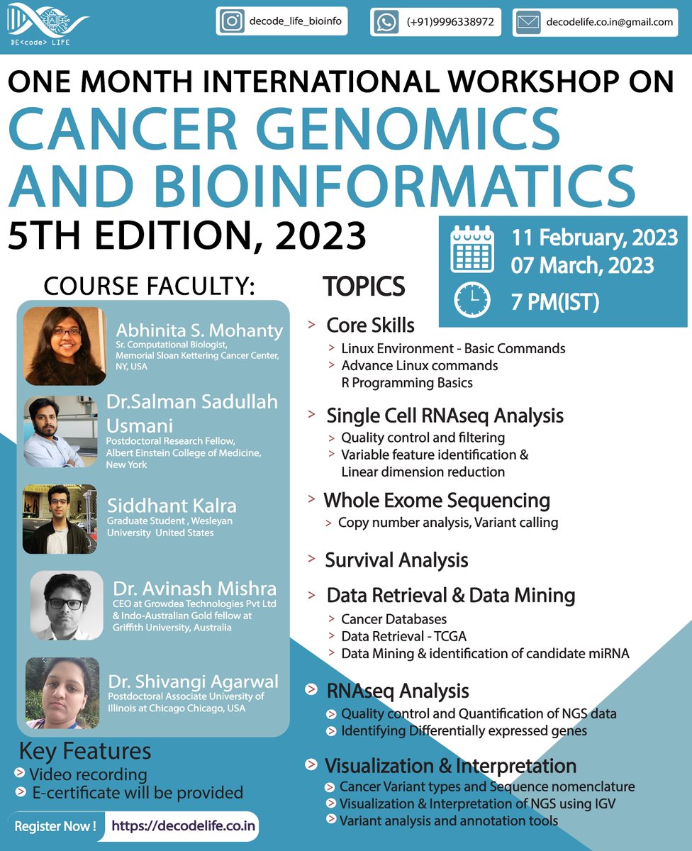 LifeDecode's tweet image. Starting from 11 February ary, 2023 - One month International workshop on - Cancer genomics and #Bioinformatics  - 5th edition.

REGISTRATION LINK- decodelife.co.in

#genomics #genome #PhD