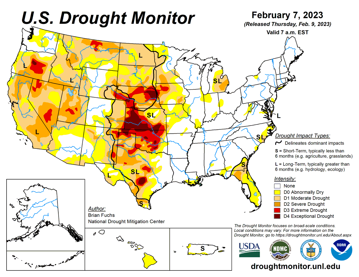 DroughtCenter's tweet photo. U.S. #DroughtMonitor 2-9-2023:

The extent of #drought across the U.S. and Puerto Rico dropped slightly yet again this week, down to just under 35%. The population affected also declined to 74.2 million people.

@DroughtGov @NOAANCEI @USDAClimateHubs @usdafsa @FarmersGov https://t.co/kdKGXaZBbh
