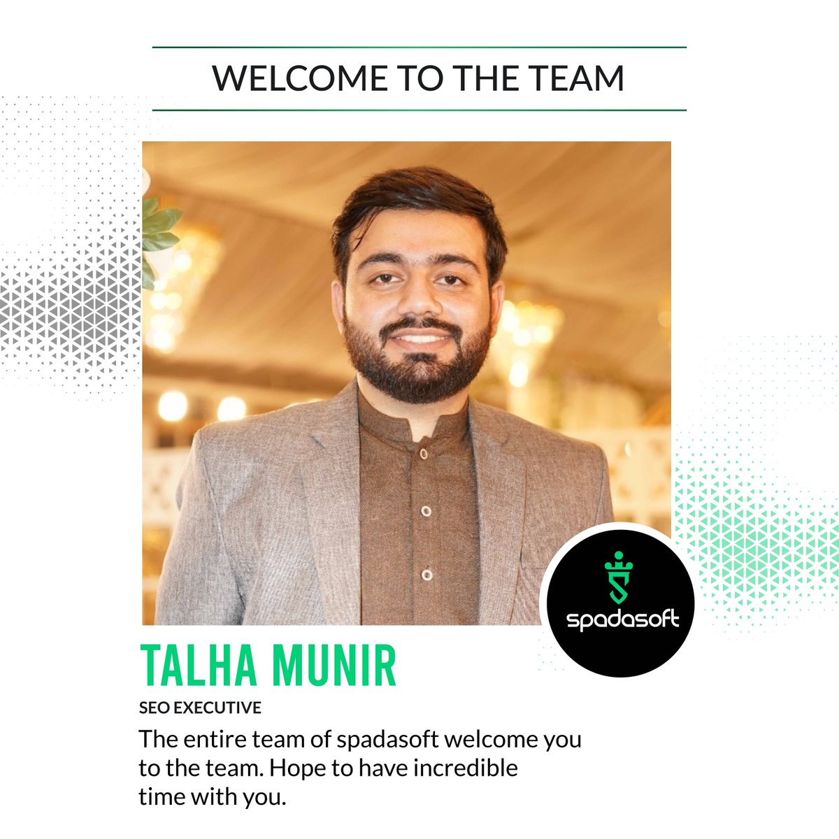 spadasoft's tweet photo. A warm welcome and lots of good wishes on becoming part of our growing team @Talha Munir.
Congratulations!!! 🎊
We are all happy and excited about your input and contribution to our company.
#success #growth #welcome #ASO #expert #gamingindustry #development #blockchaingaming https://t.co/MAhDcEdhQj
