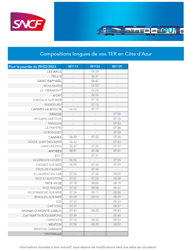 Transports_zou's tweet photo. [#CompoTER 🚉 ]

👉🏼 Voici vos #SNCFTERSUD en composition longue sur la #CotedAzur ce matin.

⚠️ Le TER 881123 est annoncé avec un retard de 5 minutes. https://t.co/0UHQOO9NHl