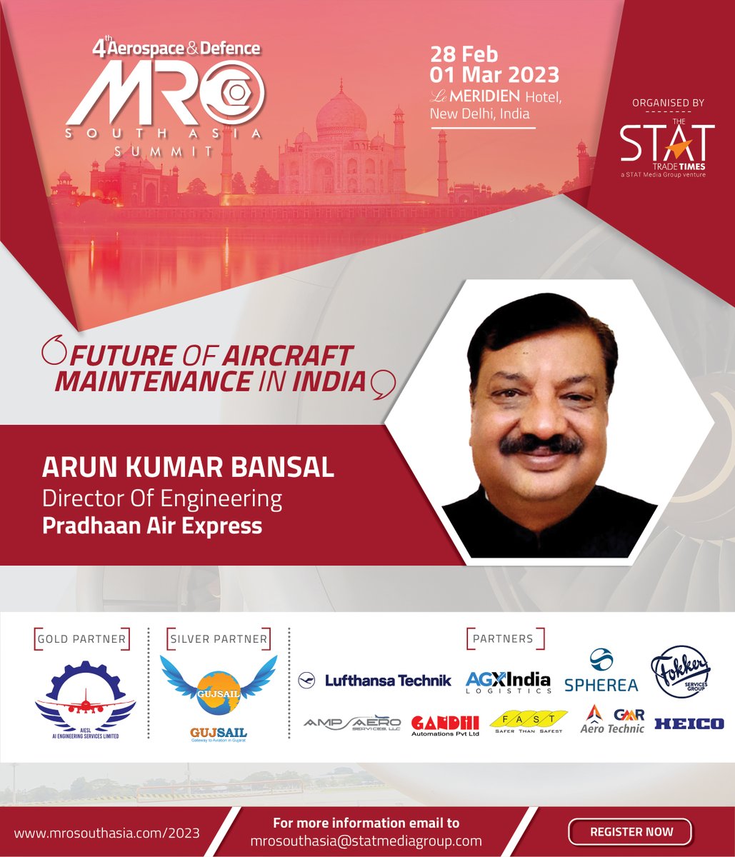 MROSouthAsia's tweet image. Newly launched #CargoAirline’s #AccountableManager and #Director of #Engineering at @PradhaanAir Express, Arun Kumar Bansal will join the distinguished #panel of #speakers at 4th #Aerospace and #Defence @MROSouthAsia summit 2023,to be held at the Le Meridien, #NewDelhi India.