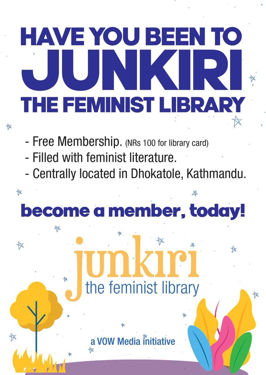 JunkiriLibrary's tweet photo. Junkiri-The Feminist Library📚

A permanent space dedicated specifically to feminist literature and ideas.

How to become a Junkiri Member?
- you'll need
• a photocopy of an ID (license, Citizenship card etc)
• a passport-sized photo
•  Rs.100 to get your Library card. (1/2) https://t.co/UmyzkVGVuQ