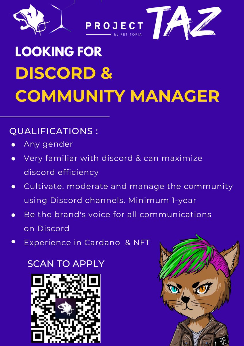 TazmanianNFT's tweet photo. Hi guys, we’re delighted to hire Discord & Community Manager to build and drive our community 2 vacancies.
Scan below to apply 👇
#ProjectTAZ #TAZ #CNFT #CNFTProject #CardanoADA #ada #hiring https://t.co/cbSBKKdz25