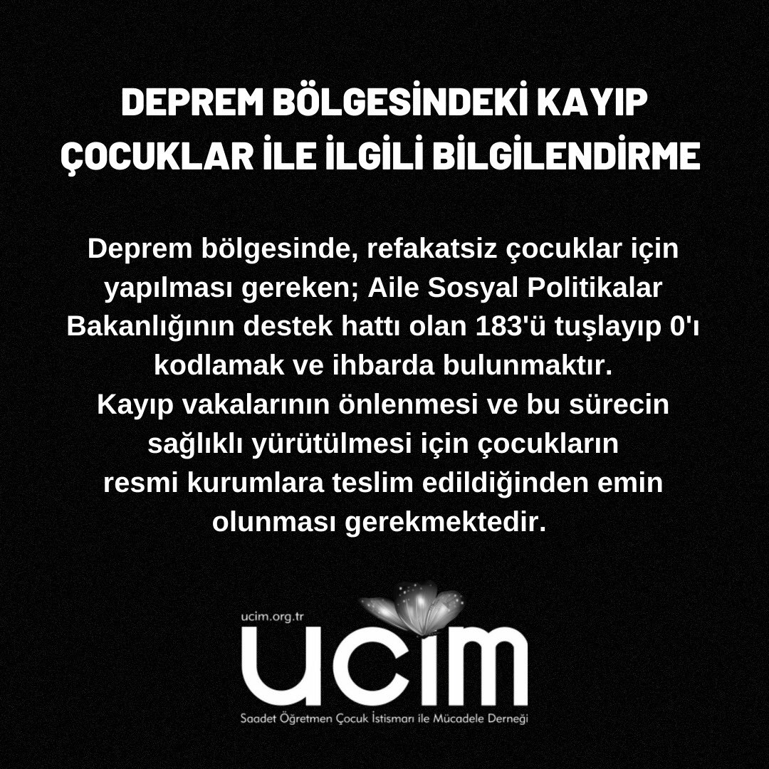 Deprem bölgesinde, refakatsiz çocuklar için yapılması gereken; Aile Sosyal Politikalar Bakanlığının destek hattı olan 183 i tuşlayıp 0 ı kodlamak ve ihbarda bulunmaktır.
@saadetozkanefe <a href="/yucelceylancom/">Yücel Ceylan</a>