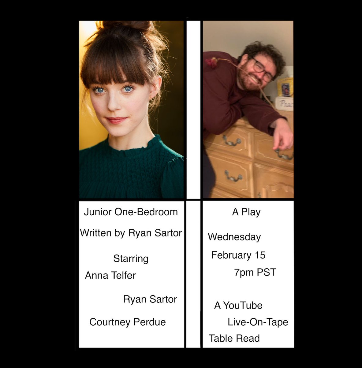 Back with a YouTube Live(-on-Tape) Table Read, Wednesday February 15 at 7pm PST! A full-length play! Starring Anna Telfer! @CourtneyPerdue1 reading screen directions! I act in it too! Tune in!