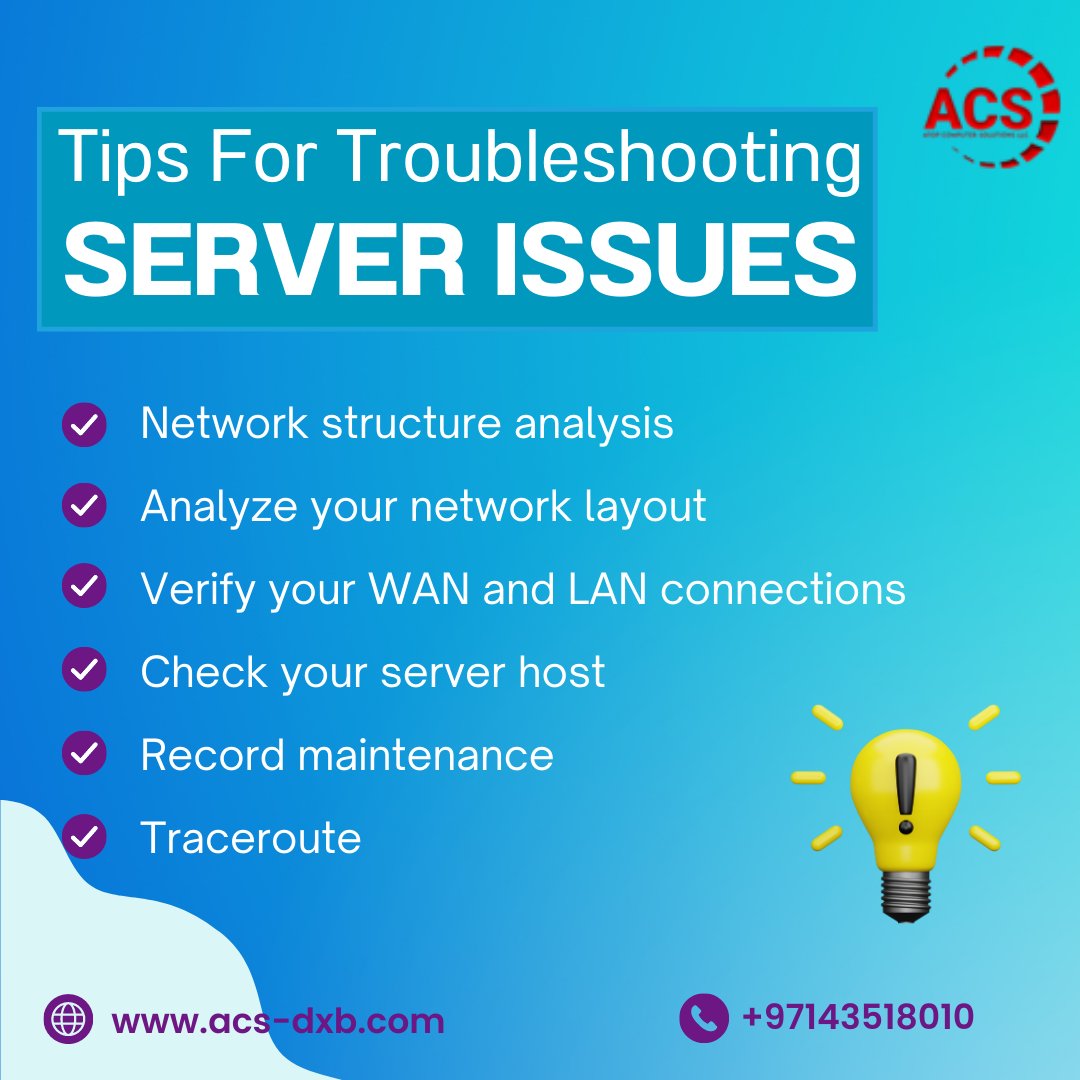 It's important to know how to troubleshoot #serverissues so you can get them fixed as soon as possible.
learn more at:🌐acs-dxb.com
Get in touch with us: 📩 info@acs-dxb.com #serverinstalls #professionalservices #SupportSmallBusiness #businesssolutions #topitsolutions