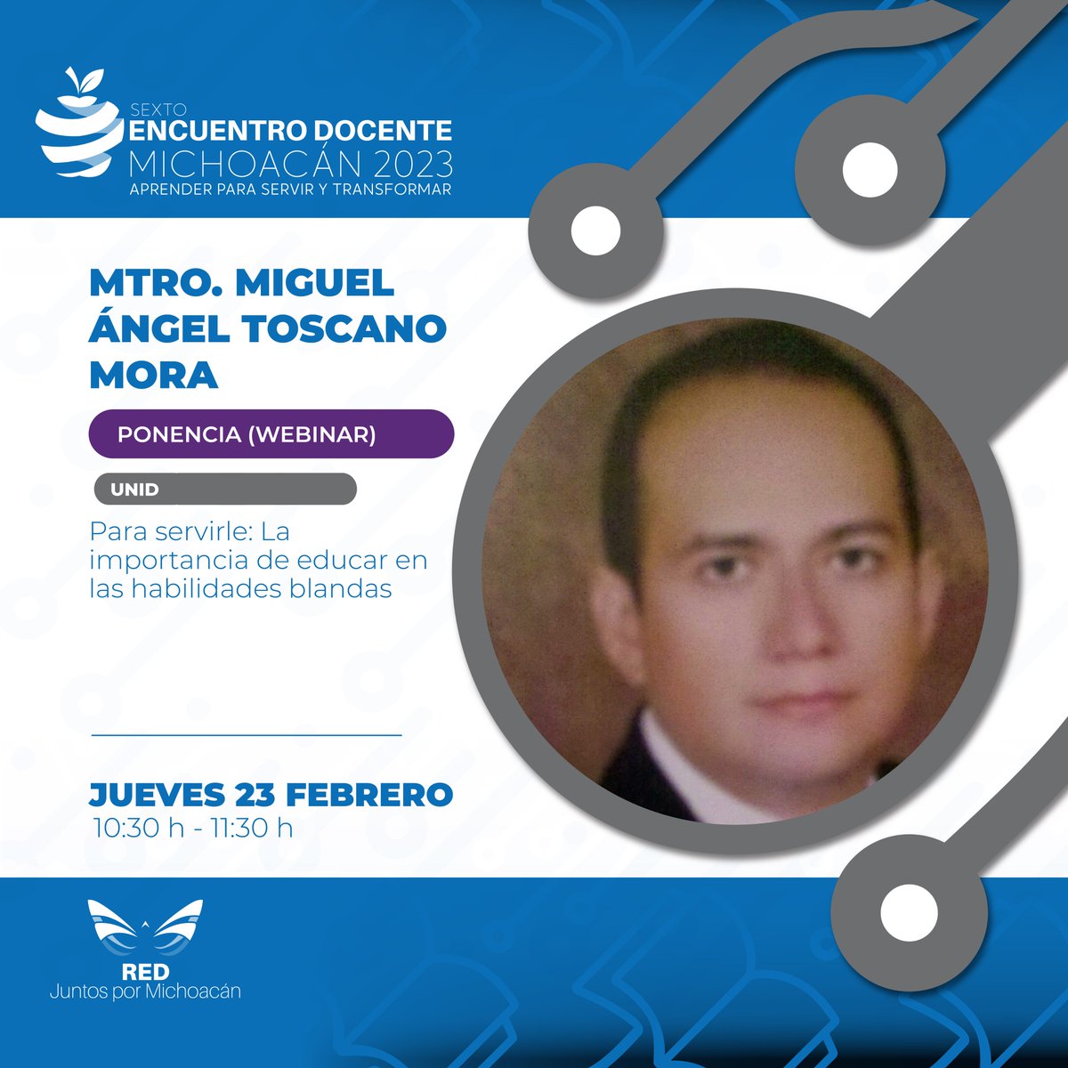 Conoce #sextoencuentrodocente
El Mtro. Miguel Ángel Toscano Mora es Mtro. en filosofía por la UMSNH. Es consultor y terapeuta filosófico, docente y conferencista  de la UMSNH y otras instituciones educativas y de impacto social. 
Registro:  
redjuntospormichoacan.org/registro