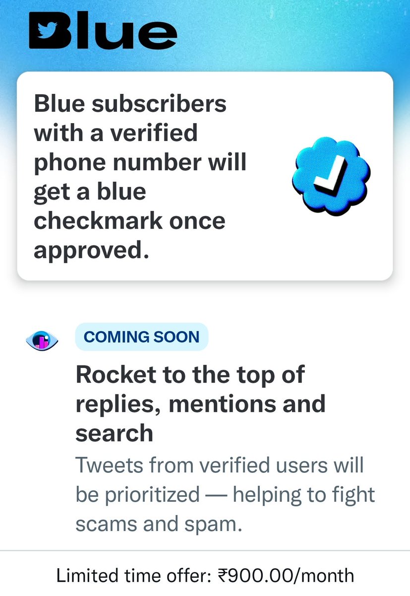 HarpinderTohra's tweet image. भारत में लॉन्च हुई ट्विटर पेड सब्सक्रिप्शन सर्विस। ब्लू टिक के लिए देने होंगे 900 रुपये प्रतिमाह।
#TwitterBlue
#twitterindia
#blueservice