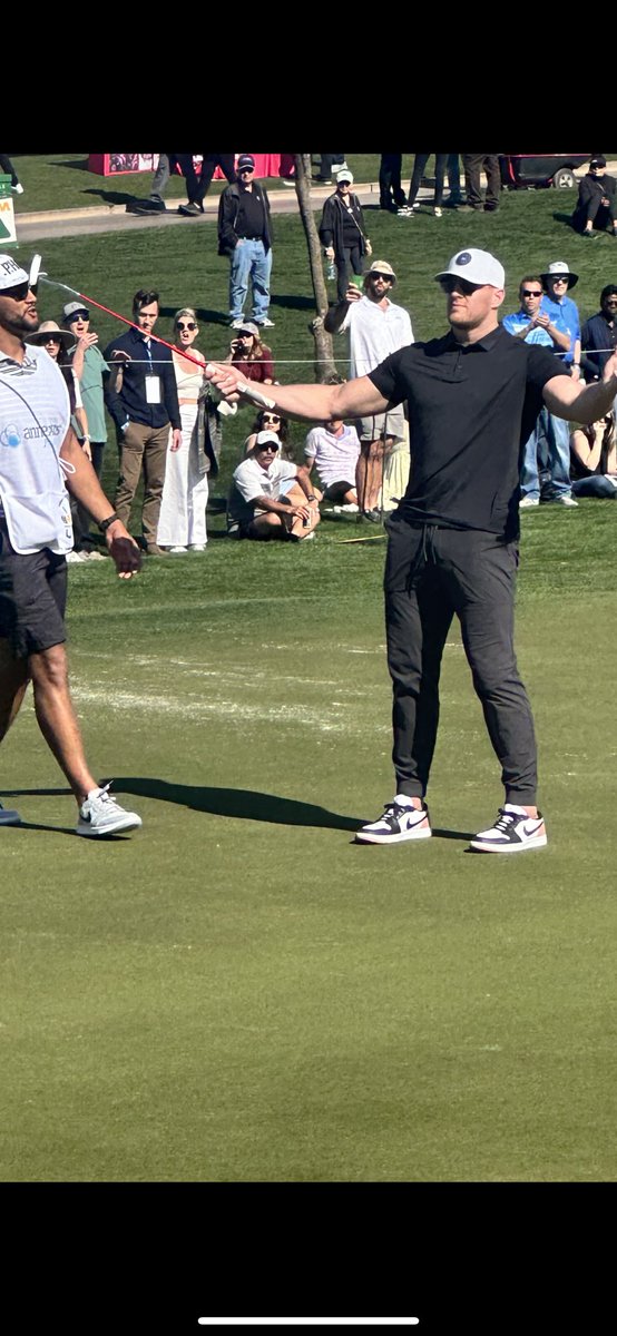 troopwvu's tweet photo. Had a great time at Waste Management.  JJ Watt after sinking a long putt on Hole 10 https://t.co/pcHY5tKtKr