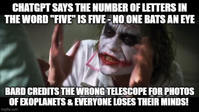 boydlake's tweet photo. #SEO #BardAI #bardgate #ChatGPT
It's true. And yes, it's certainly much worse that Bard's error was during the biggest demo in a long, long time. https://t.co/jU2q0HFiZr