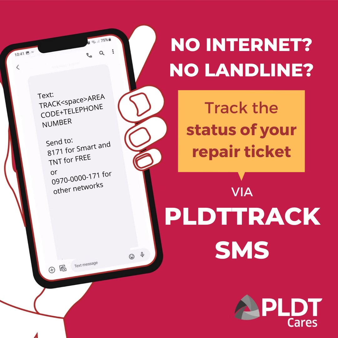 PLDT_Cares's tweet photo. Gusto mo bang malaman ang status ng iyong repair ticket o kung part ka ng service outage? 

Say goodbye to confusion and hello to hassle-free tracking with PLDTTrack SMS!

Just type PLDTTRACK and send to 8171 for Smart and TNT for free; or 0970-0000-171 for other networks. https://t.co/Gzhcqnsb2A