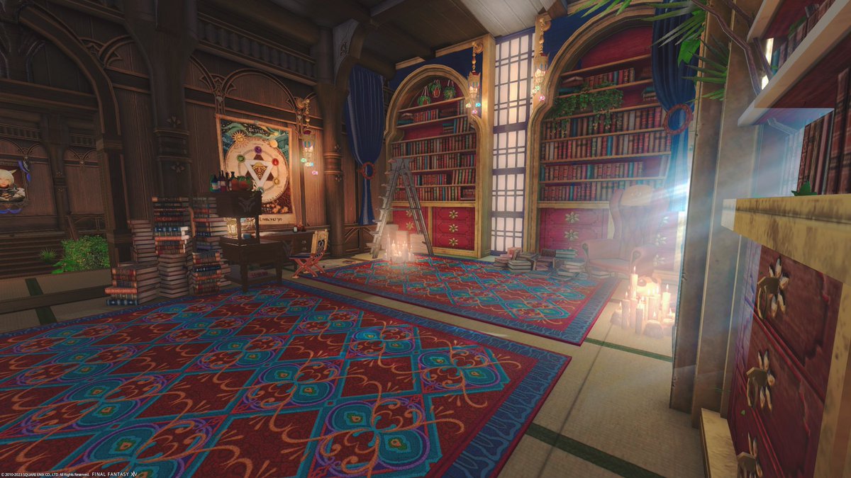 ChociFF14's tweet photo. My little library is finish. There is a little secret behind it...

#FF14Housing 
#FF14ハウジング
#FF14 
#HousingEden https://t.co/OD5HBI8NDB