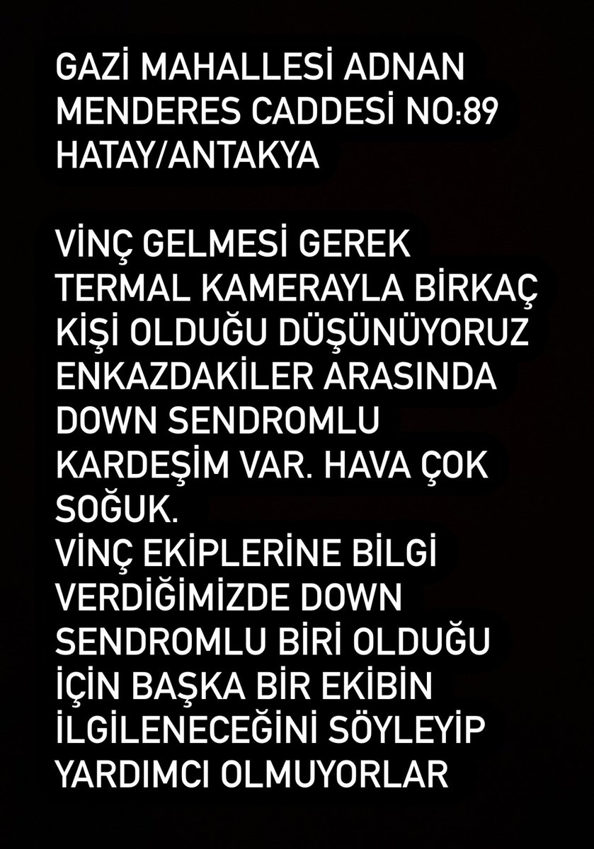 yagmurrk23's tweet photo. Arkadaşım hala ailesine ulaşamıyor. Kaç gün oldu dayanılacak gibi değil. 
Lütfen duyurmama yardımcı olun
 @haluklevent @OguzhanUgur @AFADHatay @ahbaphatay @DepremDairesi https://t.co/pUYJecfwIB