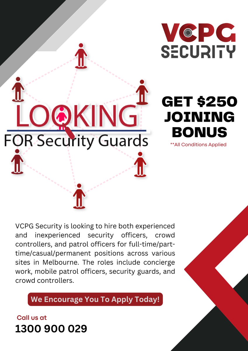 SecurityVcpg's tweet image. VCPG Security is looking to hire both experienced and inexperienced security officers, crowd controllers, and patrol officers for full-time positions across various sites in Melbourne. The roles include concierge work, mobile patrol officers, security guards, and crowd controller