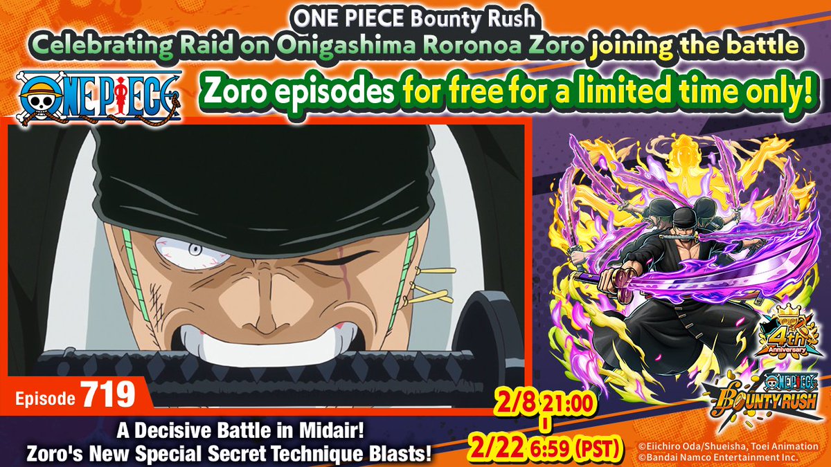 ONE PIECE Bounty Rush on X: / Celebrating #RaidZoro joining #BountyRush, select Zoro anime episodes are free to watch for a limited time! \ 🎥Episode 2 🎥Episode 1027 Until 2/8! *Not available