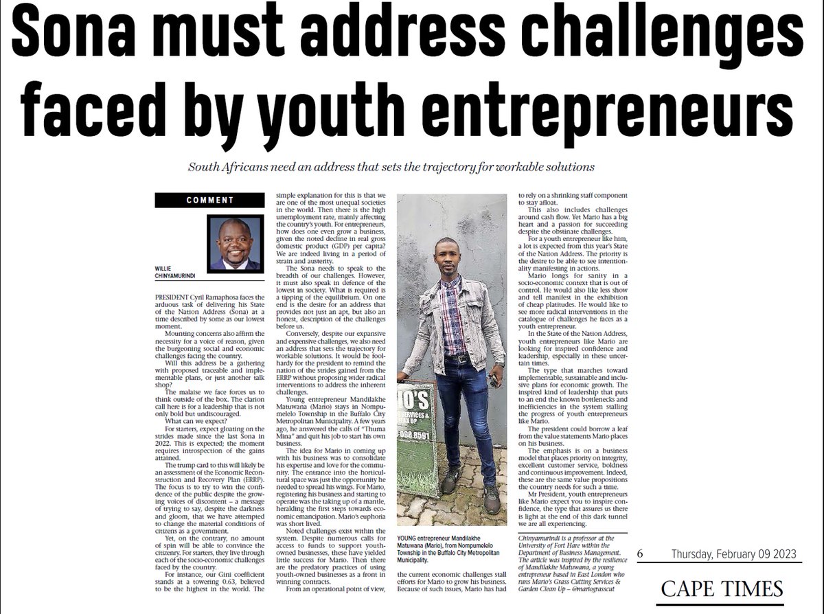 A privilege to share the concerns of a youth entrepreneur ahead of the SONA. Inspired by the resilience of Mandilakhe Matuwana, a youth entrepreneur based in East London who runs Marios Grass Cutting Services &amp; Garden Clean Up - @mariograsscut 
#SONA #LeaveNoOneBehind #SONA2023