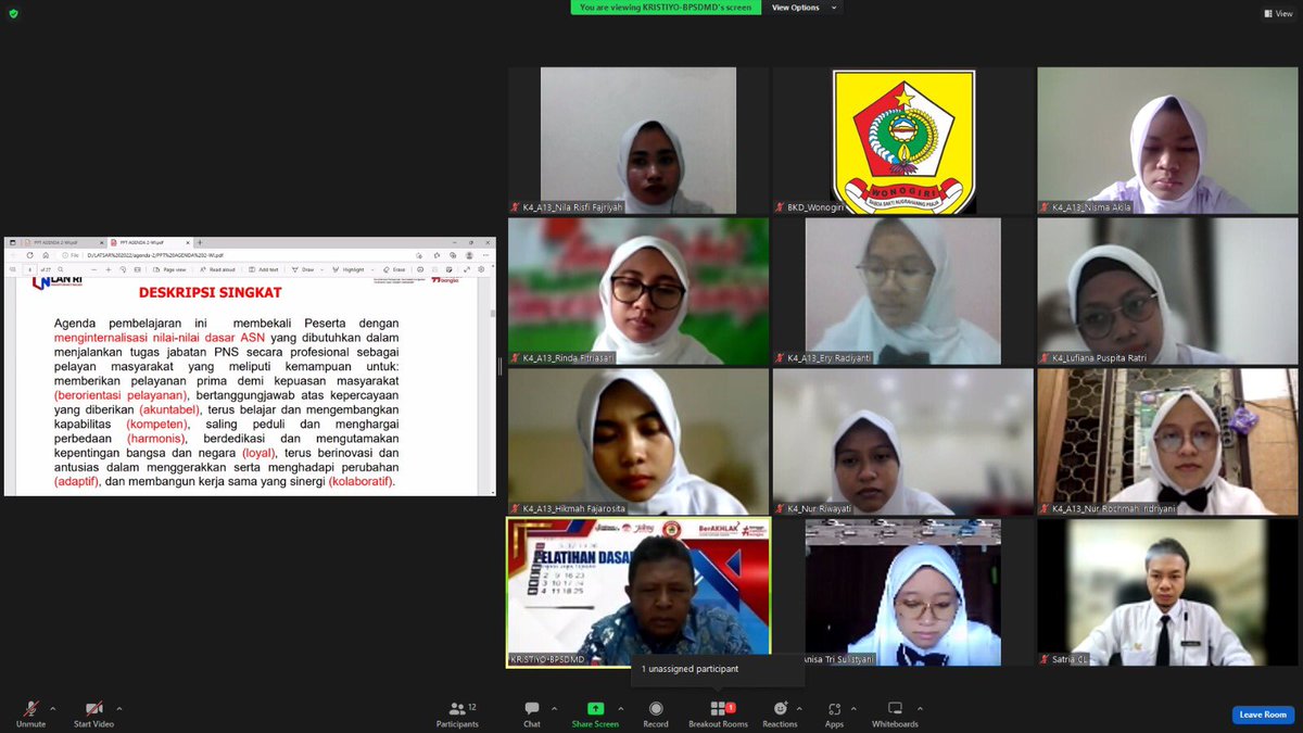 bkpsdmwonogiri's tweet photo. Penyampaian materi agenda 2. Nilai-Nilai Dasar PNS latsar CPNS angk 13 kab. Wonogiri pola kerjasama dengan BPSDMD prov. Jateng https://t.co/HpXhGrcUXe