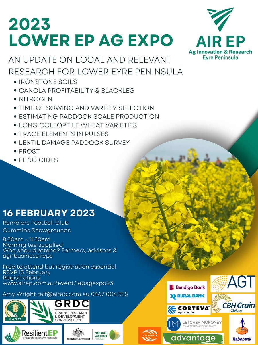 ag_eyre's tweet image. 📣UPCOMING EVENT📣
🌾2023 Lower EP Ag Expo
🗓16 February 
📍Cummins 
⏰ 8.30am - 11.30am
Registrations essential
To register visit airep.com.au/event/lepagexp…
#EPAg @GRDCSouth @SAGrainTrust @AusLandcare