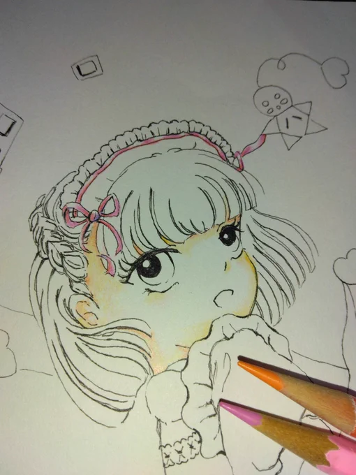 バレンタインイラスト1 制作中今回は明るい感じにしたいので濃い部分はしゅいろその上にだいだい、ピンクこれらで陰影をつけていきます。 