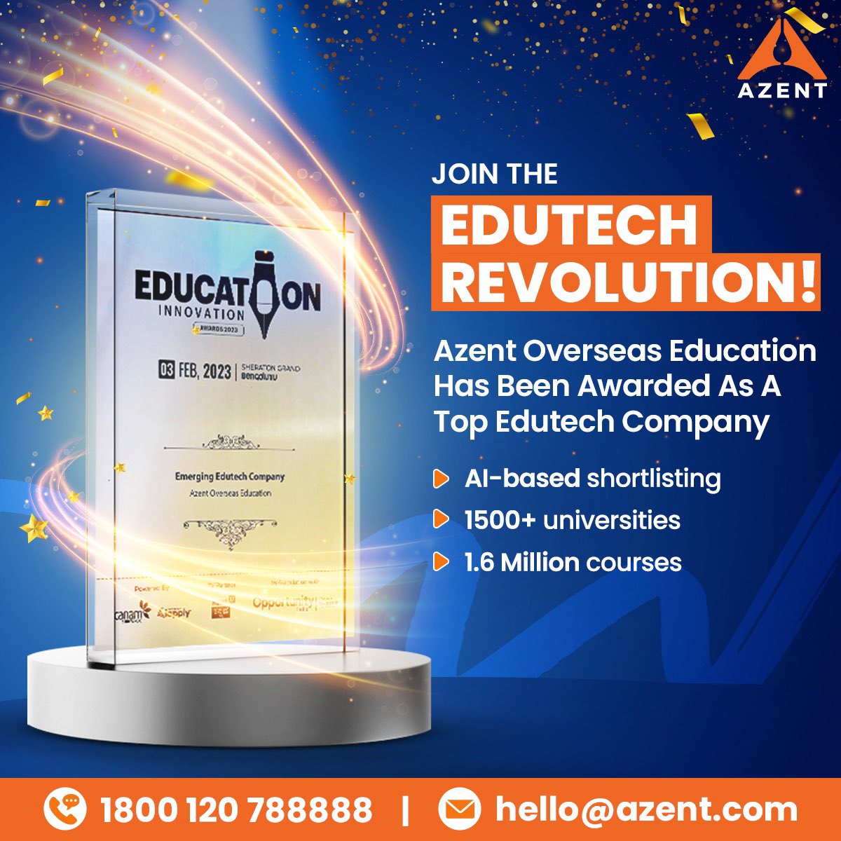 azenteducation's tweet photo. We're pleased to be felicitated by Education Innovation Awards 2023 for our efforts in the overseas education sector! 

Visit us at your nearest Azent centre or log on to https://t.co/8OknM6AnUR #award #education #ThursdayThoughts https://t.co/0y02tr9hiG