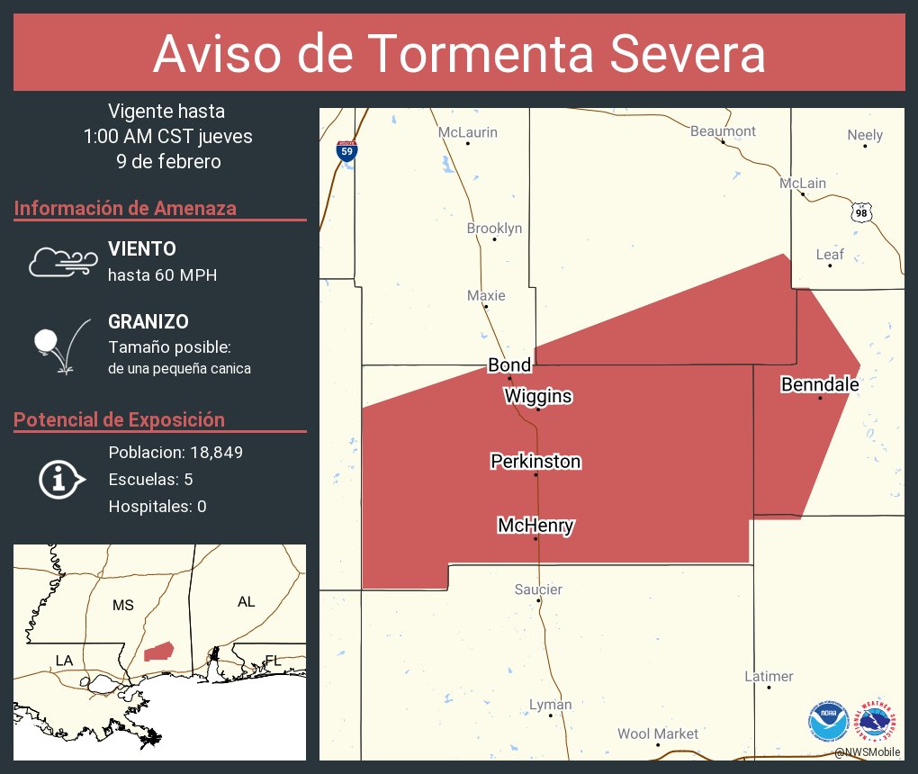 NWS Mobile on Twitter "Aviso de Tormenta Severa incluye Wiggins MS