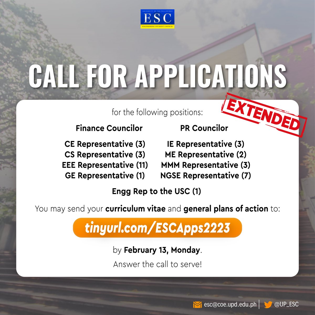 UP_ESC's tweet photo. [CALL FOR ESC APPLICATIONS 2223 | EXTENDED]
Heed the call to serve the college!

You may send your curriculum vitae (CV) and general plans of action (GPOA) in PDF form to: https://t.co/tItdmvAq81

Applications are open until February 13, 2023 | Monday. https://t.co/b0kEwHtw5b