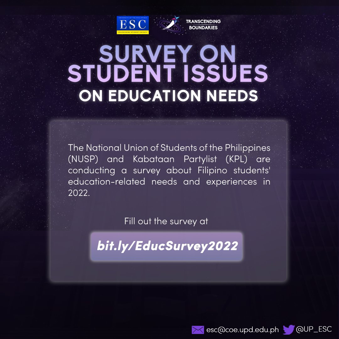 UP_ESC's tweet photo. [SURVEY ON STUDENT ISSUES: EDUCATION NEEDS]

The NUSP and KPL are seeking to learn about Filipino students' education-related needs and experiences in 2022. 

You may fill out the survey through the following link:

https://t.co/bhJgvRfHxP https://t.co/NFr44Tj83r