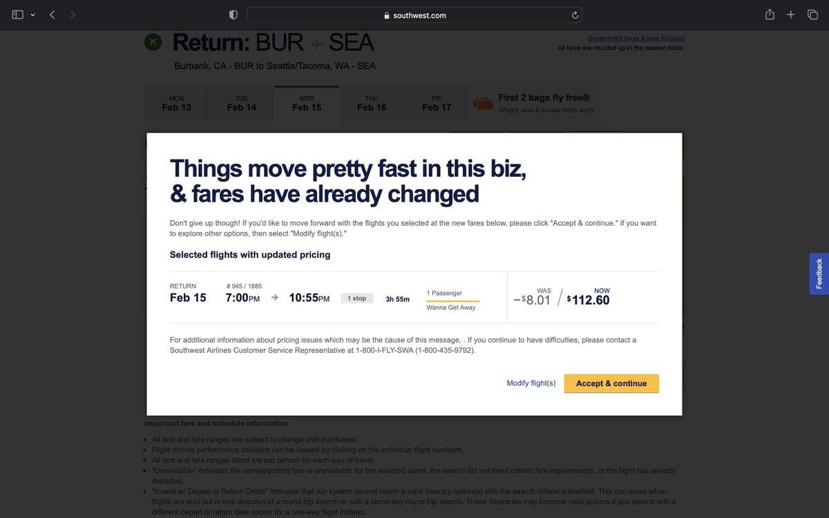 cjmartinez's tweet photo. @SouthwestAir blowing it again, went to change a return flight showed "-$8" for a few hours difference...hit confirm, kicked back error, asking to reselect flight and window popped up "things move fast here at SW, your -$8 fare now +$121" - #JunkFees #southwestmeltdown  . https://t.co/Z0YtuJ3hSI