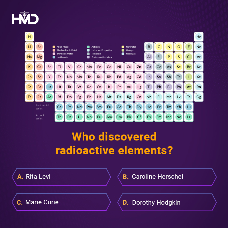 hmdhealthcare's tweet photo. Are you a science enthusiast? Put your knowledge to the test with our quick quiz! Share your answer in the comments👇and tag a friend to challenge them too.
#ScienceAndHer #Quiz #SheCan #FemaleScientists #ScientificDiscoveries #Science #RadioActiveElements #HmdHealthcare https://t.co/gc2xIAYeAa