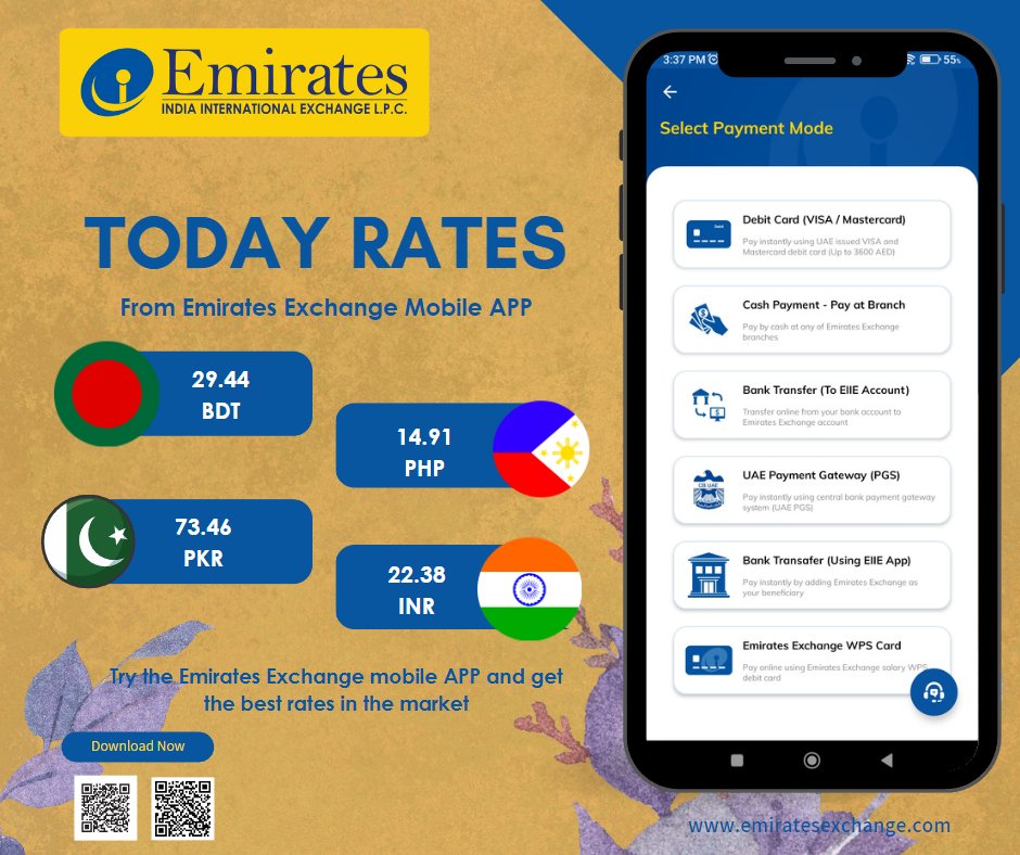 eiiexchange's tweet photo. Today rates from our mobile APP, Send money easily with a few clicks from our APP or Visit your nearest branch, get the best rates in the market.

#IndiaRupee  #UAE #Remittance #ExchangeRates #pakistanrupee #PisoRate #philppines #EIIE #Emiratesexchange #Emiratesexchangemobileapp https://t.co/hfGtiIrKOA