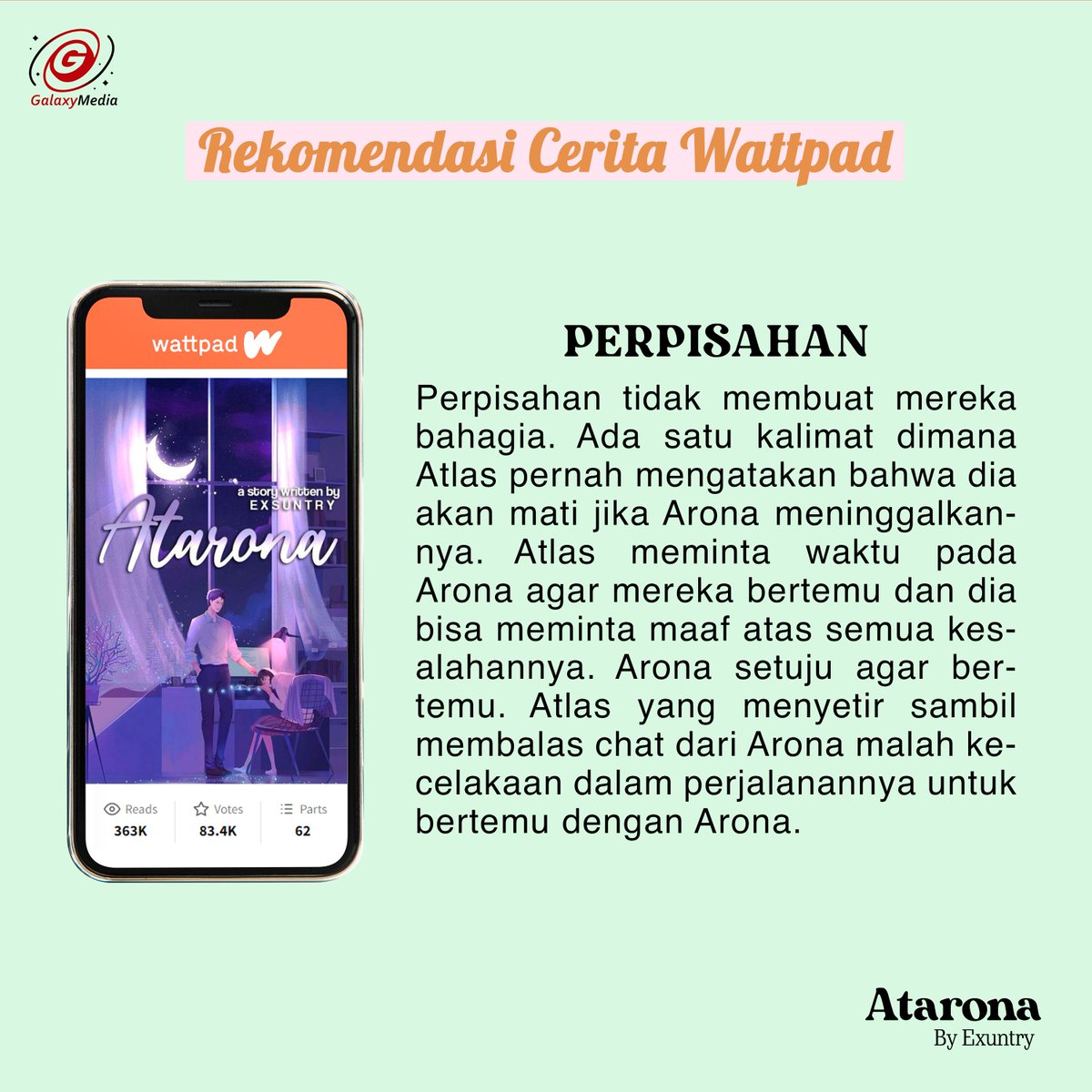 Atarona by <a href="/exsuntry/">𝐩𝐮𝐦𝐚.</a>

Ada yang baca Wattpad ini juga? 😍
Komen dibawah ya tentang wattpad satu ini, dan tag juga temen kalian 🥰
#Wattpad #ceritawattpad