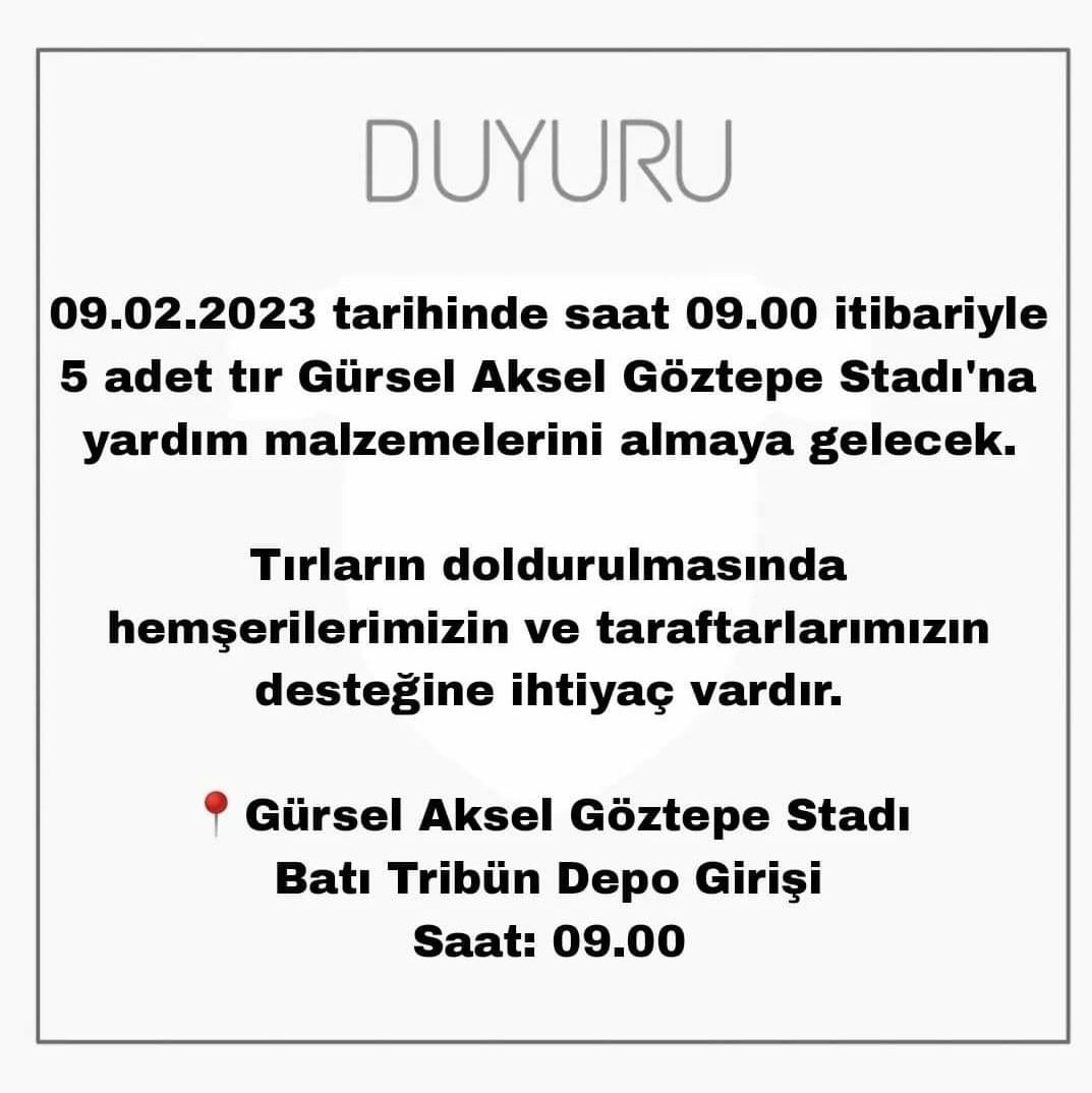 Taraftarımızın ve hemşerilerimizin dikkatine;
Tırlar geldi. Çok acil insan gücüne ihtiyaç var.🚨🚨🚨

#Göztepe #Deprem